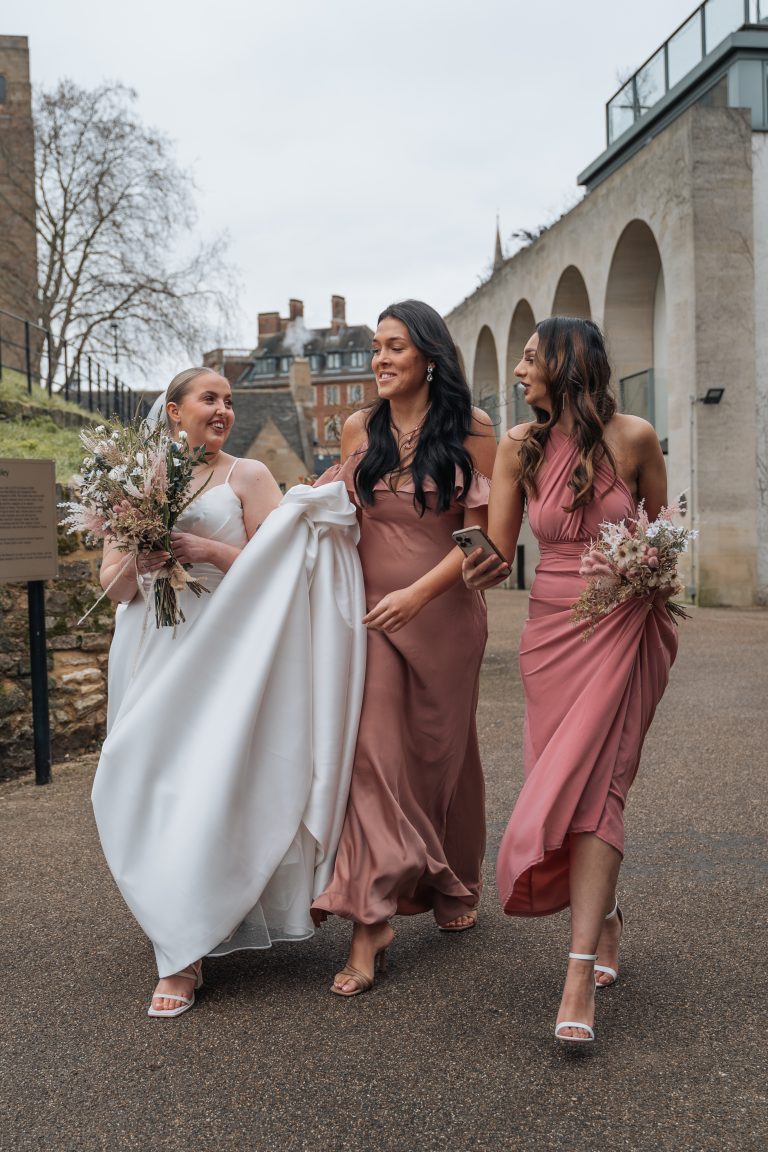 Bridal party (3 girls), walking in Oxford City Centre